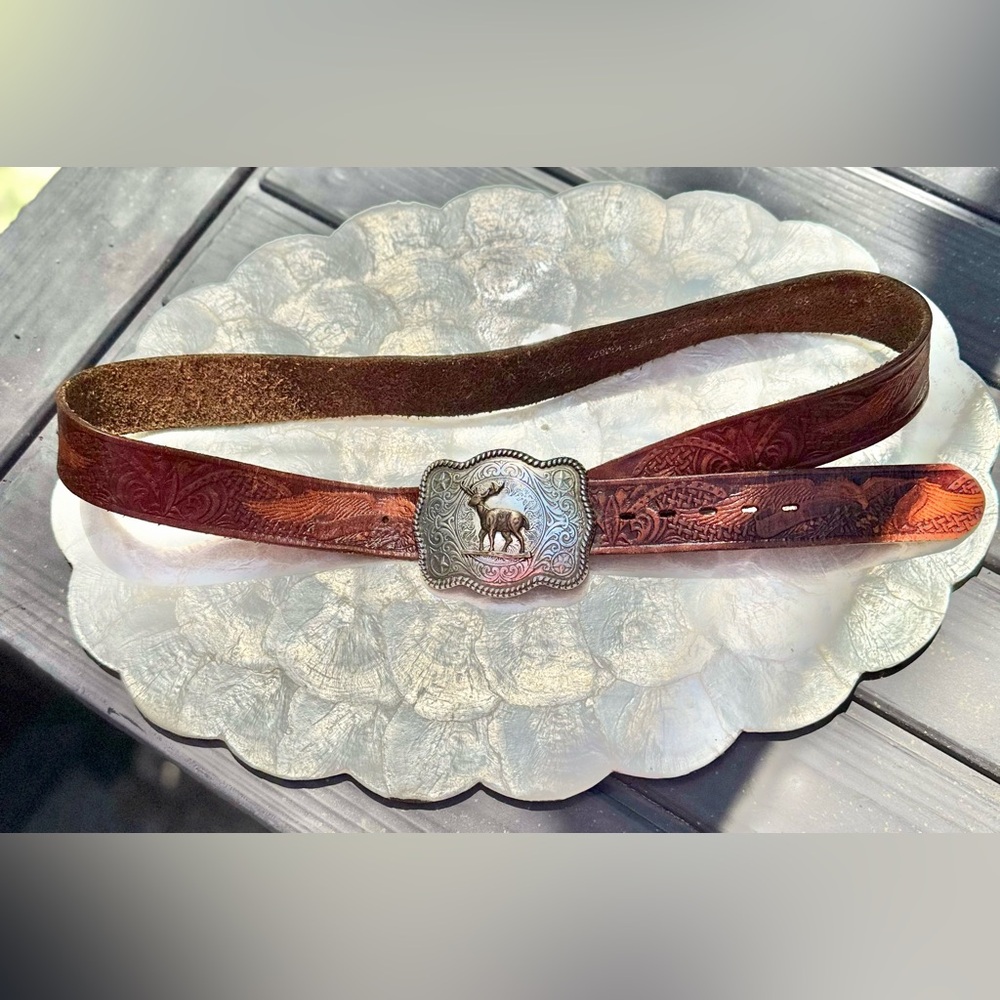 Vintage Brown Distressed Embossed Eagle Top Grain Leather Belt with Deer Buckle!